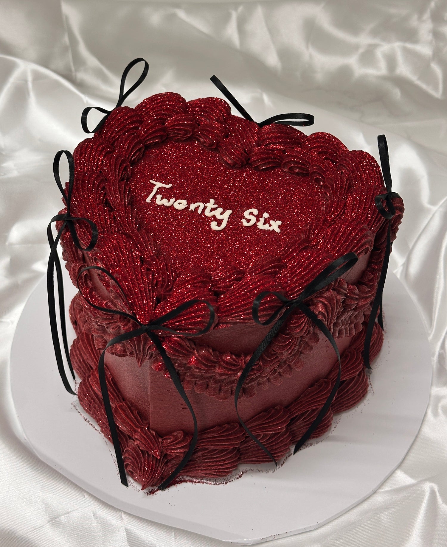 Red Glitter Bow Heart Cake