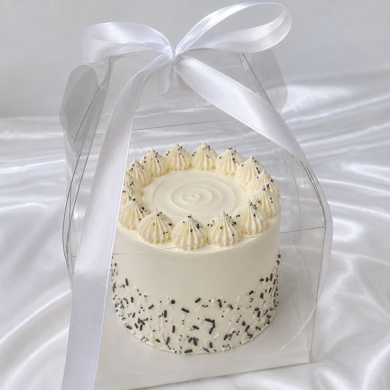 QB Twilight Luxury Bento Cake with monochrome sprinkles and vanilla buttercream in luxury presentation box